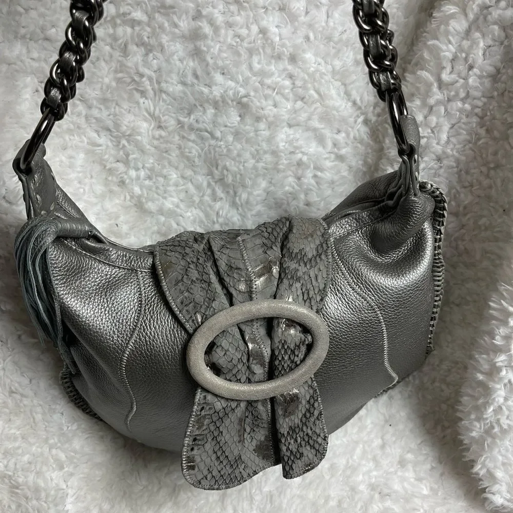 CHI by Carlos Falchil Hobo leather gray shoulder bag with shake skin flap& strap